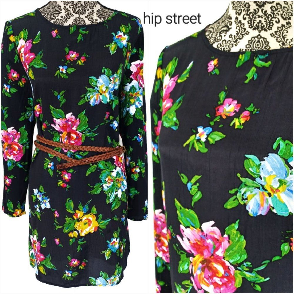 WAYF LS Scoop Neck Boho Flowy Floral Shift Dress S